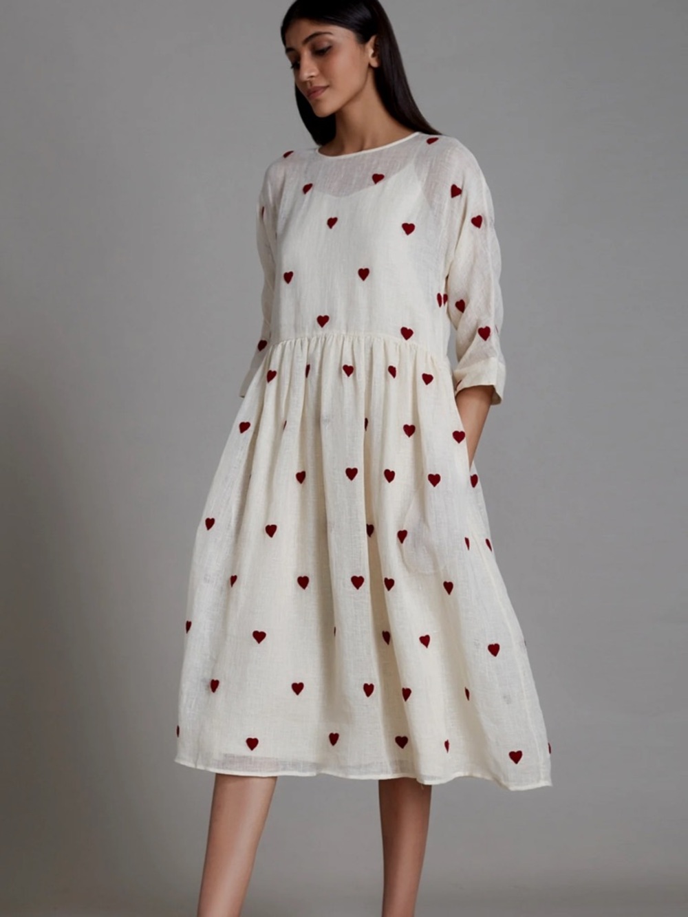 Mati Ivory Midi Dress with Red Heart embroidery size small NWT